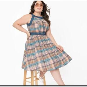 Unique Vintage Plus Size Multicolored Plaid Maxine Swing Dress Sz XS#73